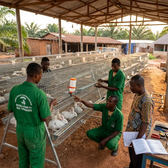 Installation d'une batterie de cages sur le site d'un éleveur